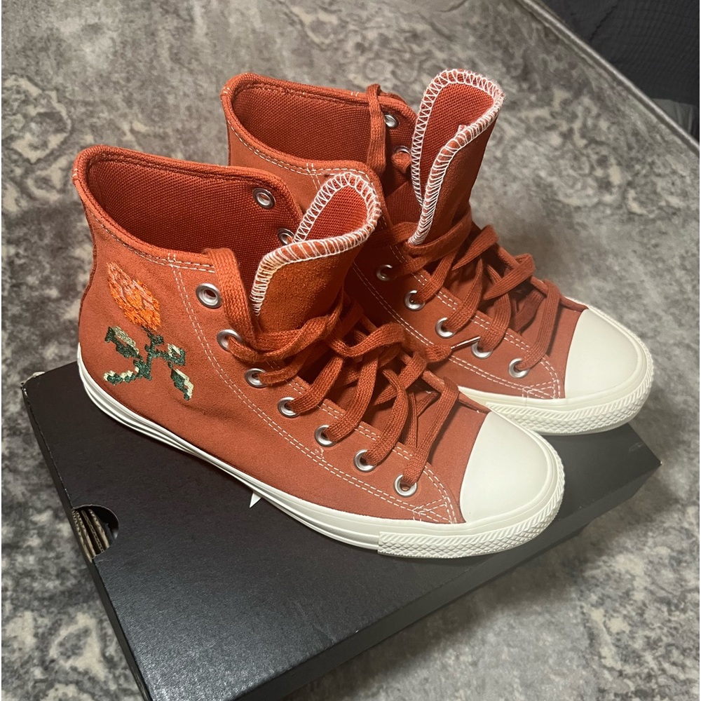 Converse Orange High-Top Sneakers with Floral Embroidery